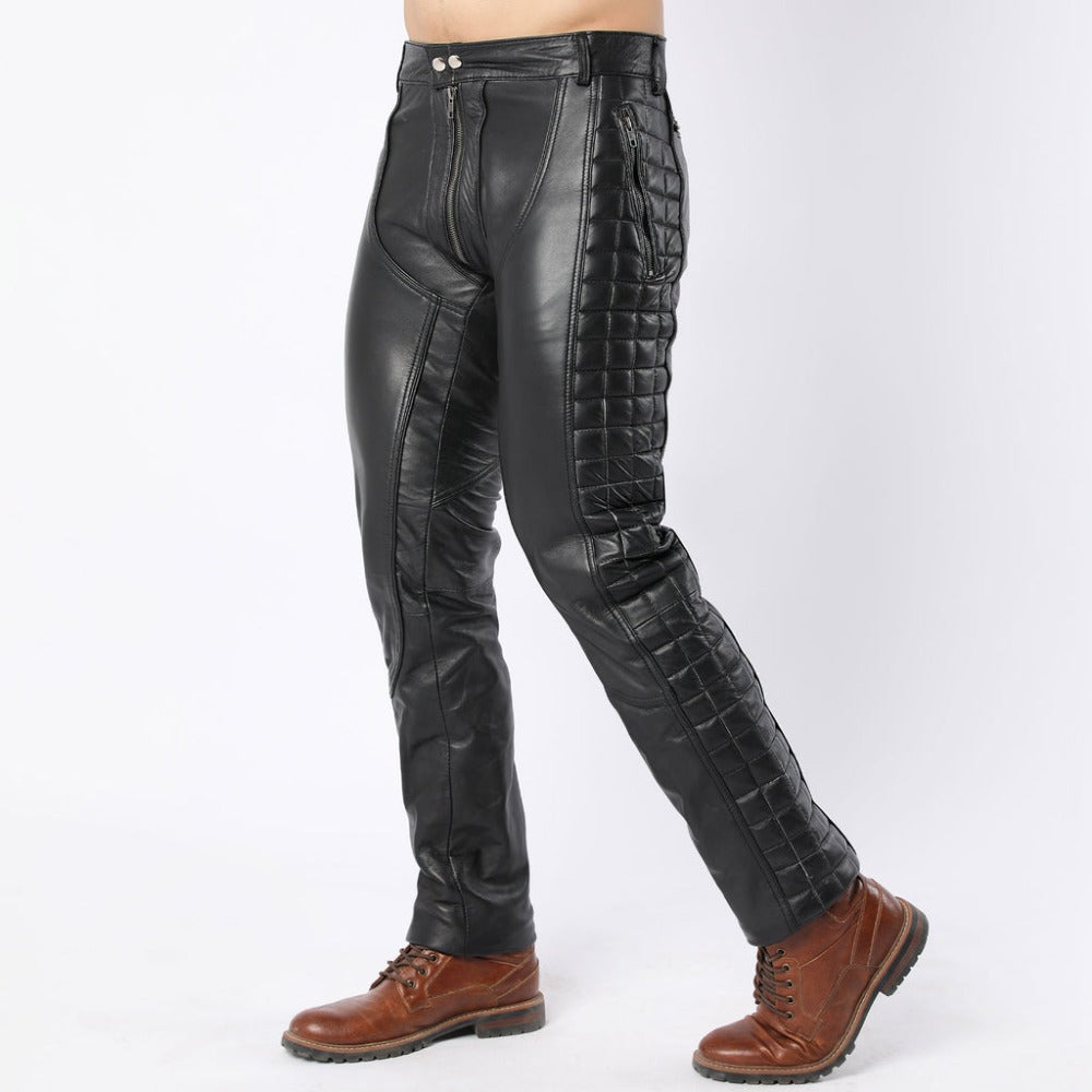 Mens Black Quilted Full Back Zipper Biker Pants