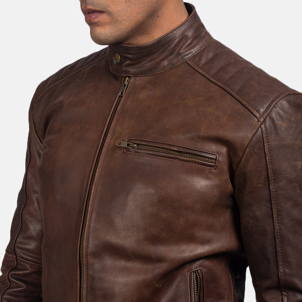 Men's stylish chocolate brown leather jacket featuring premium sheep leather craftsmanship.