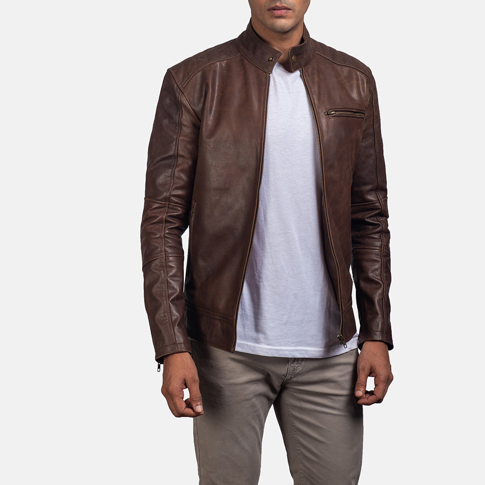 Men's stylish chocolate brown leather jacket featuring a modern design and premium craftsmanship, perfect for any outfit.