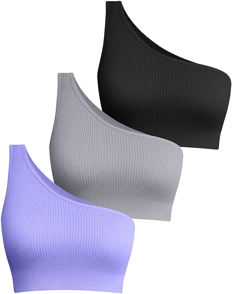 Women'S 3 Piece Medium Support Crop Top One Shoulder Ribbed Seamless Removable Cups Workout Exercise Sport Bra